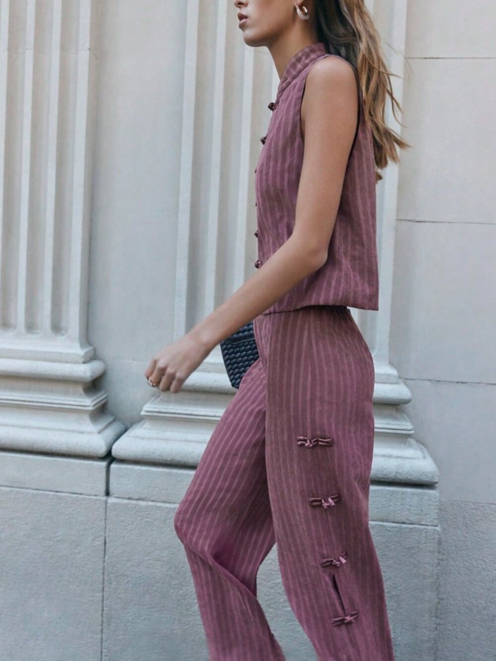 Burgundy Casual Women's Stand Collar Blouse And Long Plain Pants Set - Picture 9 of 13